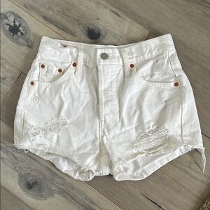 Levi's 501 White High-Waisted Distressed Denim Jean Shorts Size 23